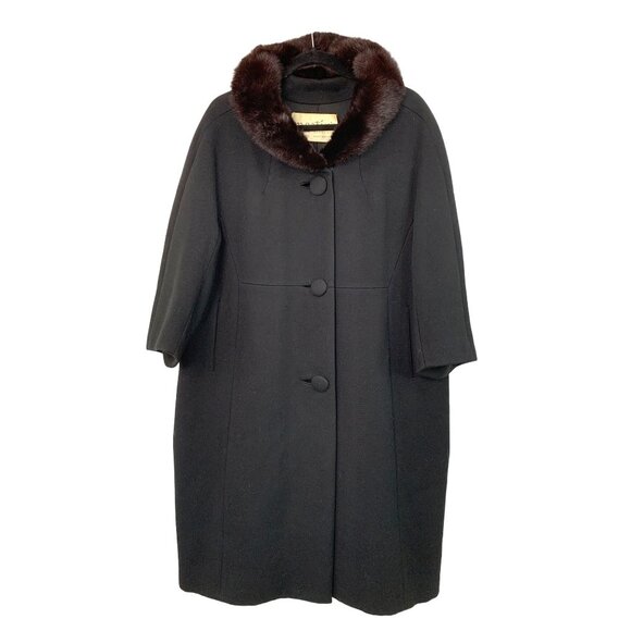 Vintage 50s Monarch for Martins Wool Blend Coat With Mink Fur Collar Black 7744 - Picture 1 of 9